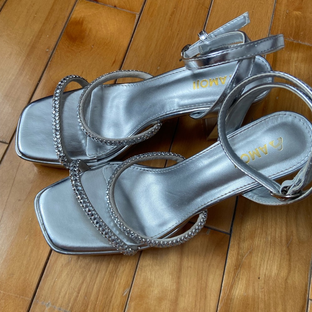 Silver Rhinestone Block Heel Sandals - Picture 3 of 4